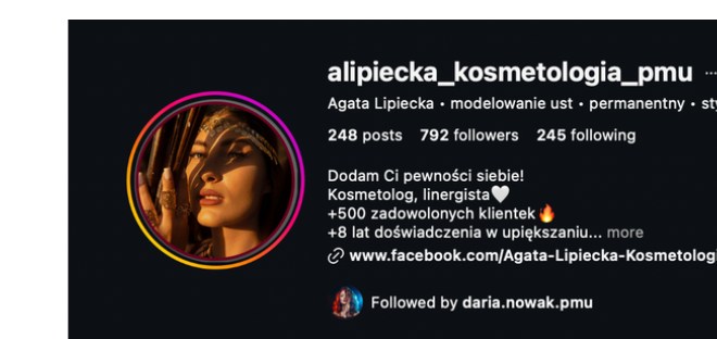 Profil Instagram @alipiecka_kosmetologia_pmu